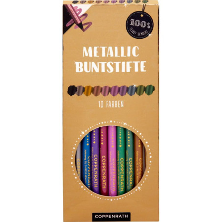 Schachtel mit 10 Metallic-Buntstiften von Coppenrath, Aufschrift: METALLIC-BUNTSTIFTE.
