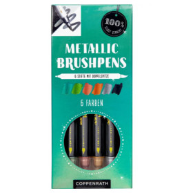 Türkise Coppenrath-Box mit 6 doppelseitigen Metallic-Brushpens, Farben durch Fenster sichtbar.