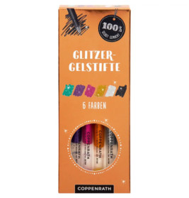 Orange Coppenrath-Glitzerstiftebox mit Sichtfenster, zeigt sechs Farben und Farbmuster darüber.