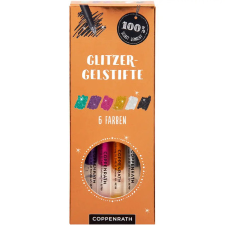Orange Coppenrath-Glitzerstiftebox mit Sichtfenster, zeigt sechs Farben und Farbmuster darüber.