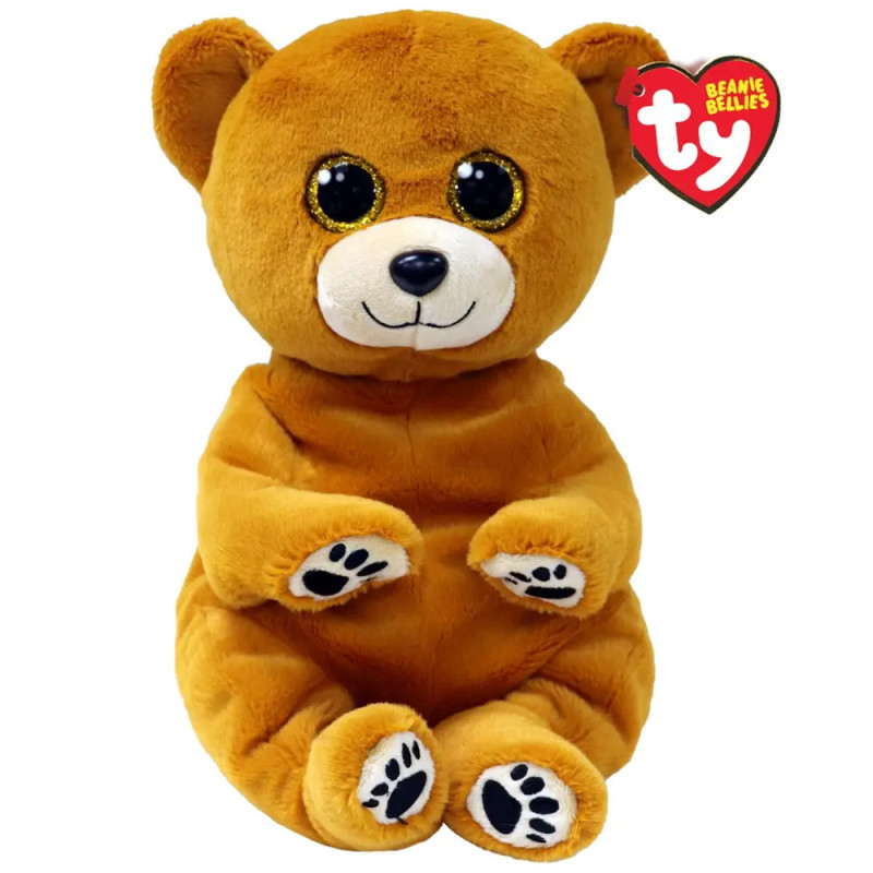Brauner Ty Beanie Babies Bär mit großen Augen und rotem Ty-Label am Ohr als Plüschtier.