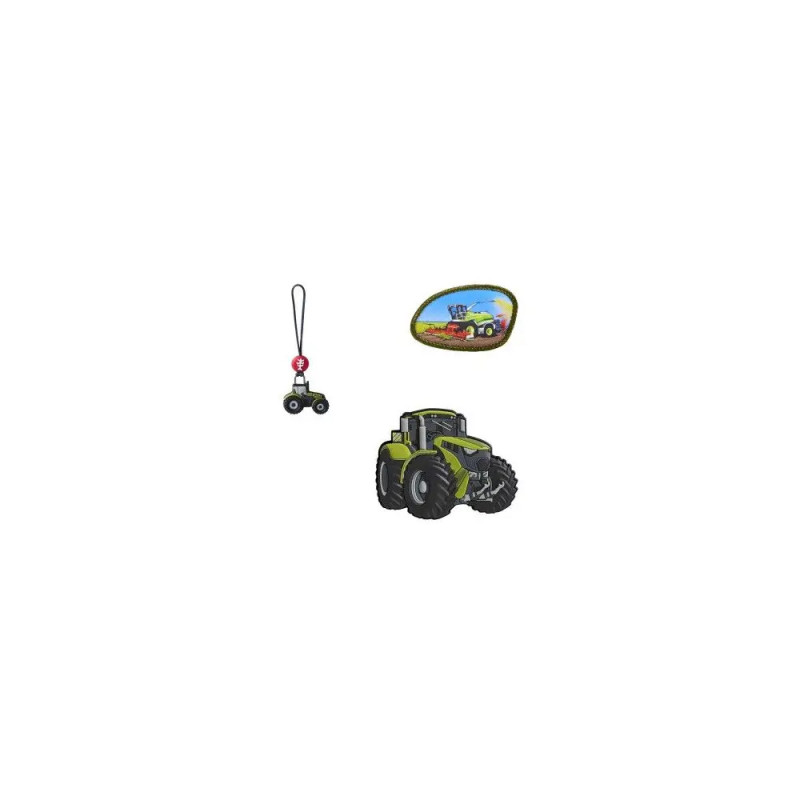 Drei Traktor-Motive: ein Schlüsselanhänger, ein Aufnäher und ein grüner Traktor-Aufkleber. Drei Traktor-Motive: ein Schlüsselanhänger, ein Aufnäher und ein grüner Traktor-Aufkleber.