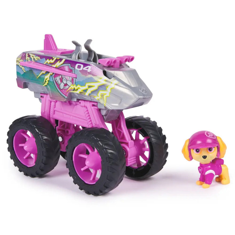 Spielzeug-Monstertruck in Pink und Grau mit großen Rädern neben kleinem Hund in pinkem Helm und Anzug. Spielzeug-Monstertruck in Pink und Grau mit großen Rädern neben kleinem Hund in pinkem Helm und Anzug.