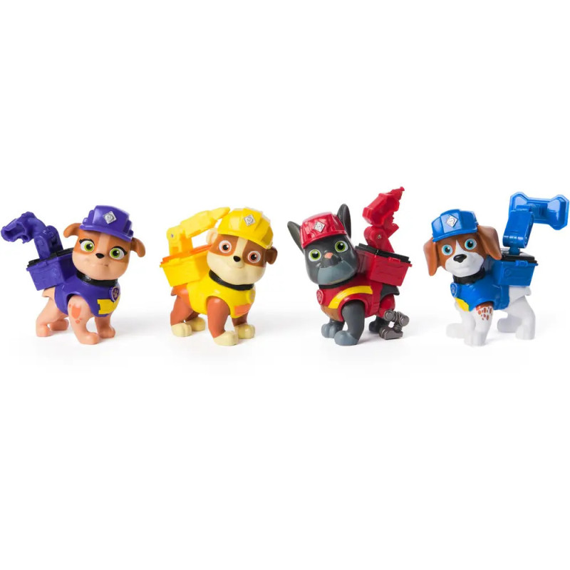 Vier bunte PAW Patrol Hundespielzeuge mit Helmen und Ausrüstung stehen nebeneinander und schauen nach vorne. Vier bunte PAW Patrol Hundespielzeuge mit Helmen und Ausrüstung stehen nebeneinander und schauen nach vorne.