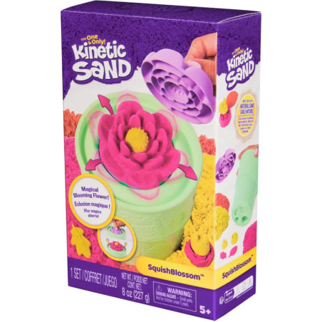 Kinetic Sand SquishBlossom Box mit buntem Sand und einer Blumenform auf der Vorderseite. Kinetic Sand SquishBlossom Box mit buntem Sand und einer Blumenform auf der Vorderseite.
