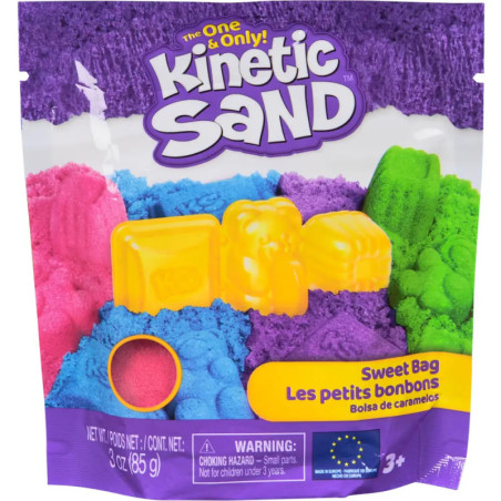 Bunte Kinetic Sand Sweet Bag Verpackung mit violettem, blauem, pinkem Sand und gelben Sandformen vorne.