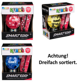 Drei Rubiks Smart Eggs in roter, gelber und blauer Verpackung mit dem Hinweis: Achtung! Dreifach sortiert.