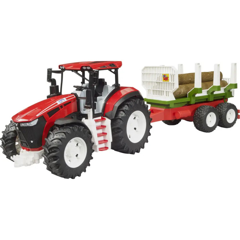 Roter Spielzeugtraktor mit großen Rädern zieht grüne Anhänger mit Holzstämmen an. Roter Spielzeugtraktor mit großen Rädern zieht grüne Anhänger mit Holzstämmen an.