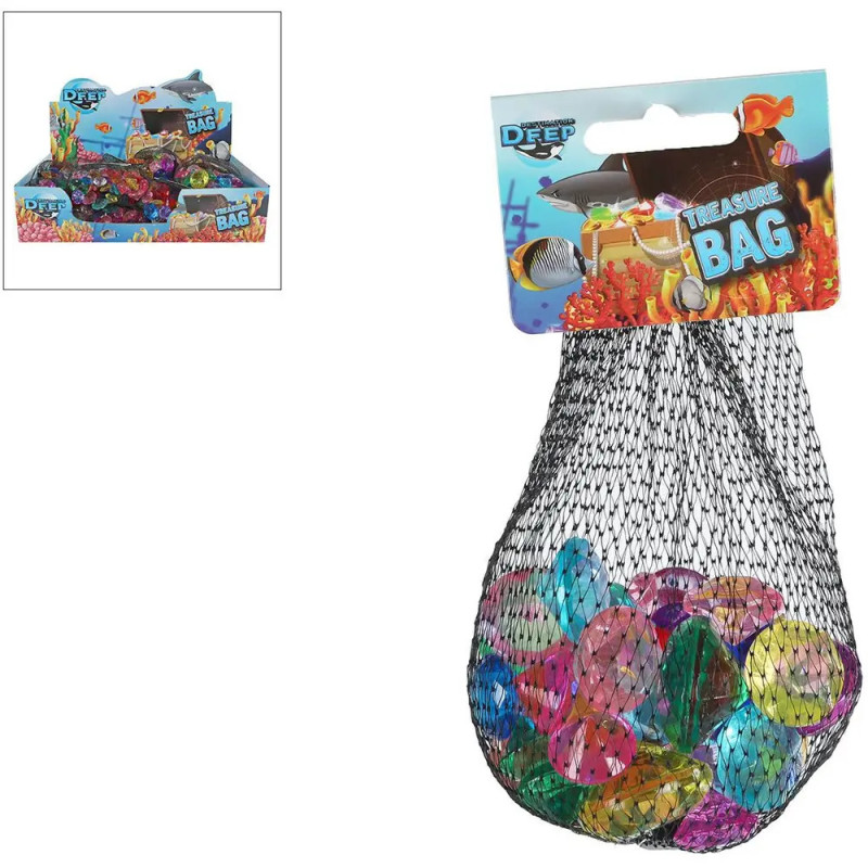 Netzbeutel mit bunten Kunststoff-Edelsteinen, als Treasure Bag im Ozeandesign verpackt.