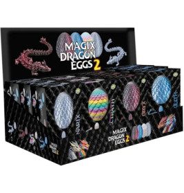 Display-Box Magix Dragon Eggs 2 mit bunten Dracheneiern und Drachenillustrationen auf der Verpackung.