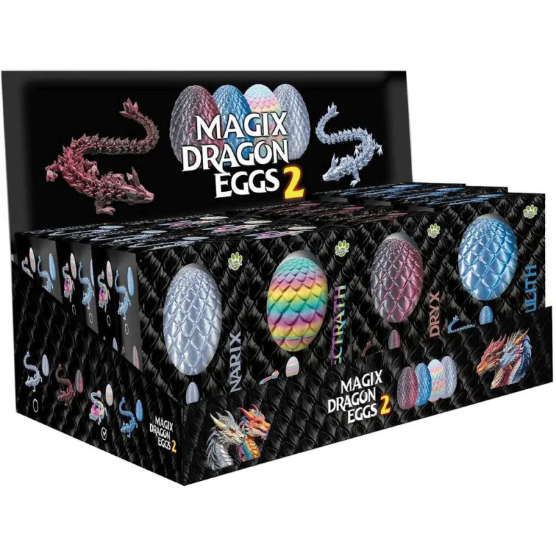 Display-Box Magix Dragon Eggs 2 mit bunten Dracheneiern und Drachenillustrationen auf der Verpackung. Display-Box Magix Dragon Eggs 2 mit bunten Dracheneiern und Drachenillustrationen auf der Verpackung.