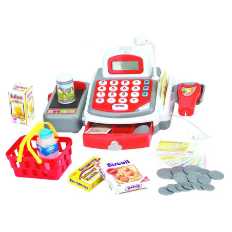 Spielkassen-Set mit Spielgeld, Lebensmitteln, rotem Korb und Scanner vor weißem Hintergrund.
