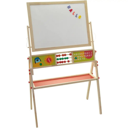 Staffelei mit Whiteboard, bunten Magneten HALLO, Abakus, Uhr und Alphabettafel darunter.