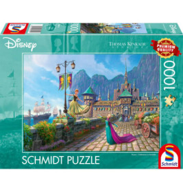 Schmidt Puzzle mit 1000 Teilen: Disney-Prinzessin in bunter, mittelalterlicher Hafenstadt auf der Verpackung.