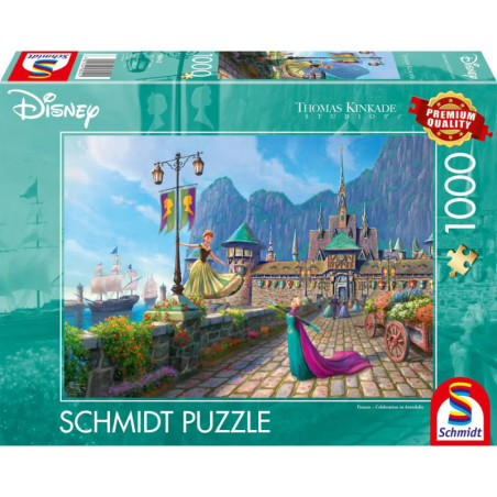 Schmidt Puzzle mit 1000 Teilen: Disney-Prinzessin in bunter, mittelalterlicher Hafenstadt auf der Verpackung.