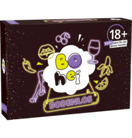 Spielkarton Bohei Bodenlos im Neonstil, 18+-Hinweise und spielerische Icons auf dunklem Hintergrund.