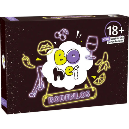 Spielkarton Bohei Bodenlos im Neonstil, 18+-Hinweise und spielerische Icons auf dunklem Hintergrund.