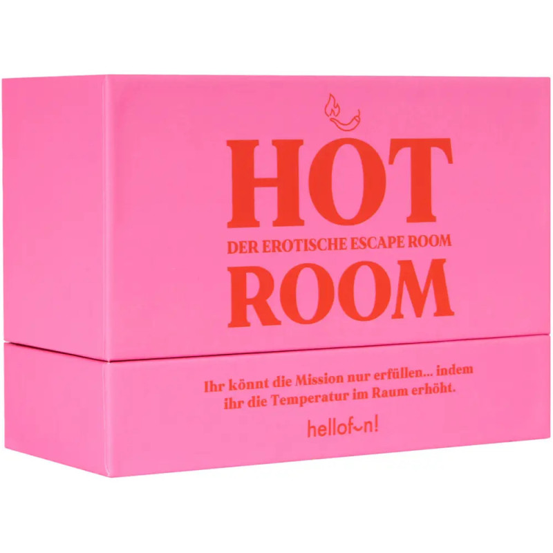 Rosa Box mit Aufschrift HOT ROOM, deutschem Text und Flamme über dem Wort HOT. Rosa Box mit Aufschrift HOT ROOM, deutschem Text und Flamme über dem Wort HOT.