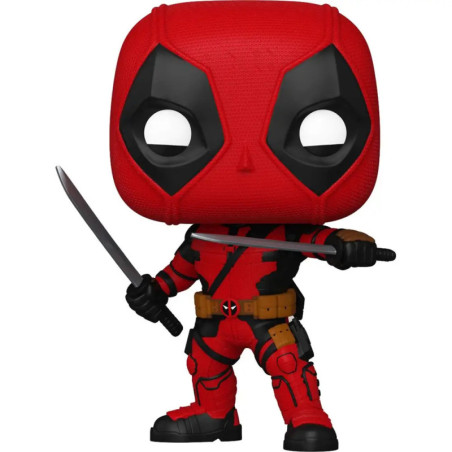 Funko Pop Figur von Deadpool im rot-schwarzen Anzug mit zwei Schwertern in Kampfpose.