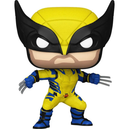 Eine Funko Pop Figur von Wolverine im gelb-blauen Anzug, mit schwarzer Maske und ausgefahrenen Klauen.