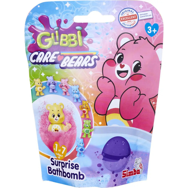Bunte Glibbi Care Bears Badebombe mit pinkem Bären und Spielzeug, geeignet ab 3 Jahren.
