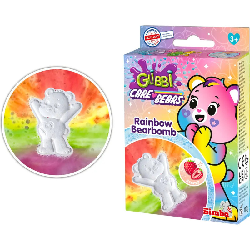 Bunte Verpackung einer Care Bears Rainbow Bearbomb Badebombe mit abgebildeter, bärenförmiger Badebombe.