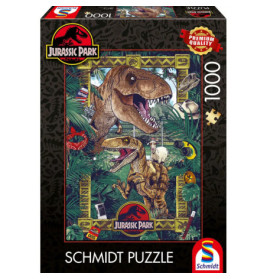 Jurassic Park Puzzle (1000 Teile) mit T. rex und Raptor im Dschungel, dazu das Filmlogo auf der Verpackung.