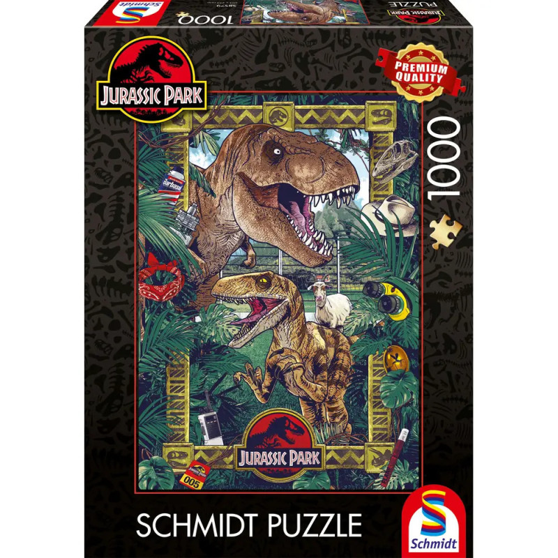 Jurassic Park Puzzle (1000 Teile) mit T. rex und Raptor im Dschungel, dazu das Filmlogo auf der Verpackung. Jurassic Park Puzzle (1000 Teile) mit T. rex und Raptor im Dschungel, dazu das Filmlogo auf der Verpackung.