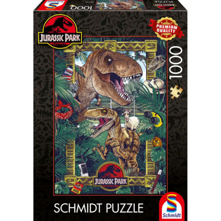 Jurassic Park Puzzle (1000 Teile) mit T. rex und Raptor im Dschungel, dazu das Filmlogo auf der Verpackung.