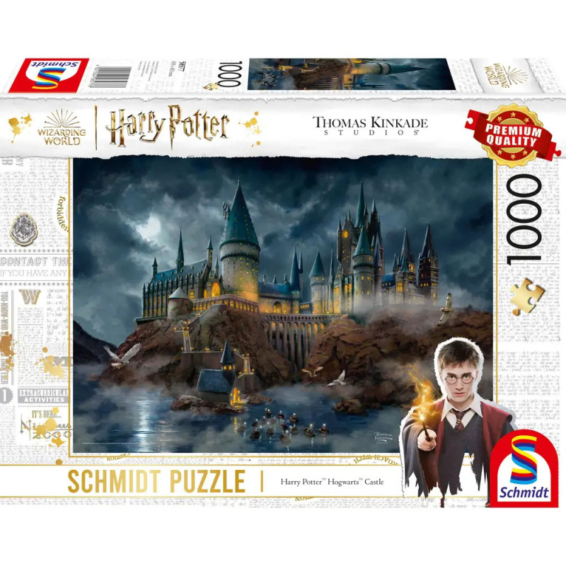 Schachtel eines 1000-Teile Harry Potter Puzzles mit Hogwarts und Harry, der seinen Zauberstab hält. Schachtel eines 1000-Teile Harry Potter Puzzles mit Hogwarts und Harry, der seinen Zauberstab hält.