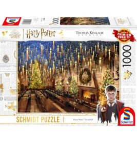 Harry Potter Great Hall Puzzle mit festlicher Szene, schwebenden Kerzen und Weihnachtsbäumen auf der Verpackung.