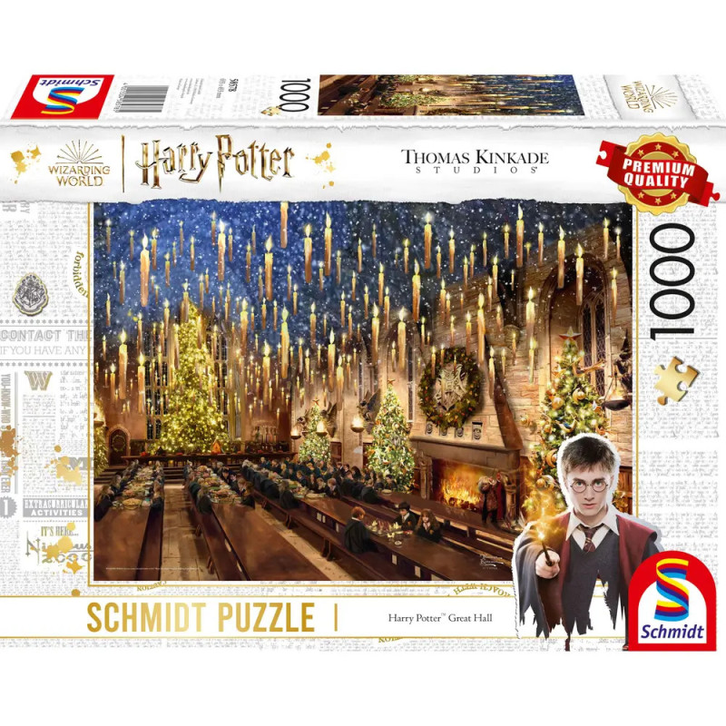 Harry Potter Great Hall Puzzle mit festlicher Szene, schwebenden Kerzen und Weihnachtsbäumen auf der Verpackung. Harry Potter Great Hall Puzzle mit festlicher Szene, schwebenden Kerzen und Weihnachtsbäumen auf der Verpackung.