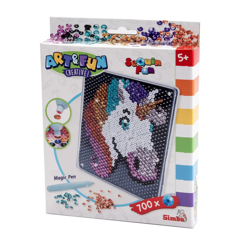 Art & Fun Pailletten-Pin-Set mit buntem Einhorn-Motiv auf der Box, geeignet für Kinder ab 5 Jahren.