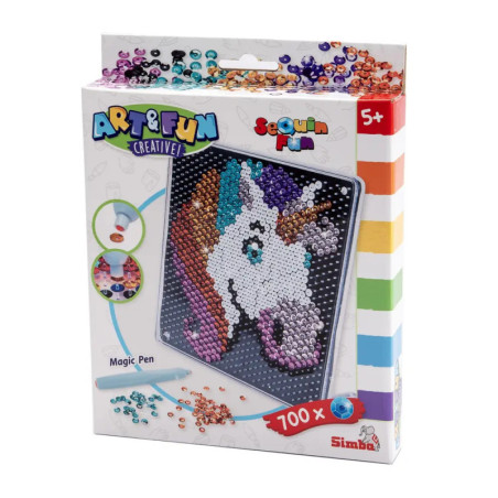 Art & Fun Pailletten-Pin-Set mit buntem Einhorn-Motiv auf der Box, geeignet für Kinder ab 5 Jahren.