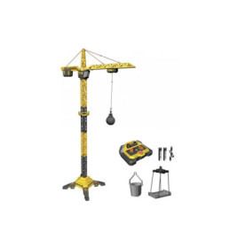 Spielzeug-Kran in Gelb mit Fernbedienung, Hakenaufsätzen, Batterien und Ladekabel.
