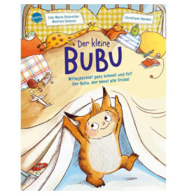 Im bunten Kinderzimmer schaut das fröhliche Wesen Bubu unter der Bettdecke hervor.