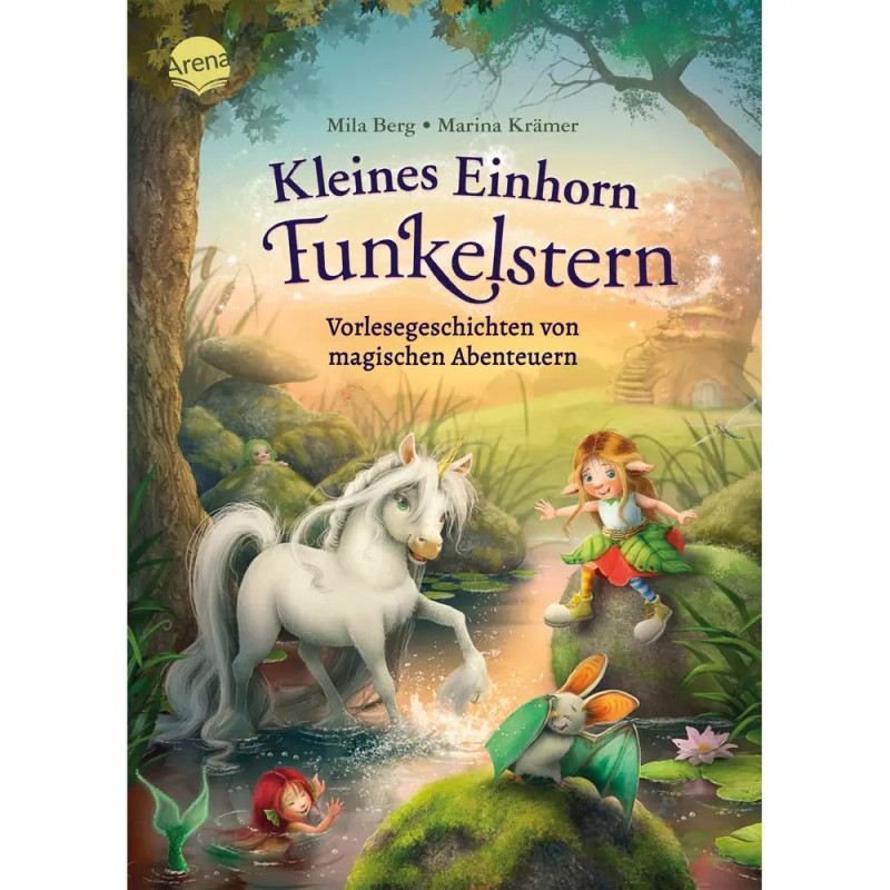 Cover von Kleines Einhorn Funkelstern: Einhorn und zwei Feen an einem Waldbach.