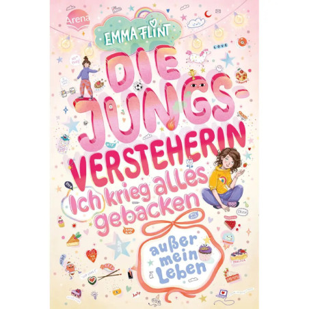 Buntes deutsches Buchcover mit Kritzeleien, einem Mädchen und dem Titel Die Jungsversteherin. Buntes deutsches Buchcover mit Kritzeleien, einem Mädchen und dem Titel Die Jungsversteherin.