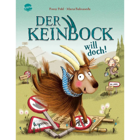 Eine glückliche Ziege mit blauem Schal zerstört Schilder Mädchen und Schaf schauen auf der Wiese zu.