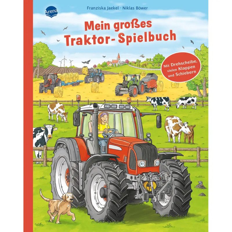 Roter Traktor auf Feld mit Kühen, Heuballen und Arbeitern oben deutscher Titel.