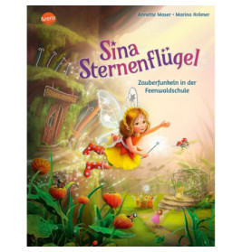 Eine geflügelte Fee sitzt auf einem Pilz, umgeben von Waldwesen und leuchtenden Lichtern.