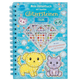 Deutsches Rätselbuch mit Tieren, Juwelen und großen Diamanten, verziert mit bunten Glitzersteinen.