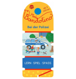 Kinder und Hund bei Polizeiauto vor Gebäude, mit deutschem Text zu Lernen und Spaß.