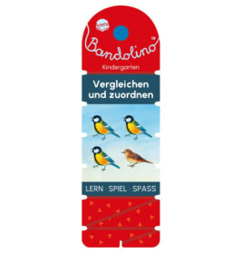Rote Bandolino-Karte mit Vogelzeichnungen und deutschem Text für ein Kindergarten-Lernspiel.