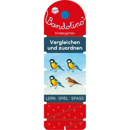 Rote Bandolino-Karte mit Vogelzeichnungen und deutschem Text für ein Kindergarten-Lernspiel.