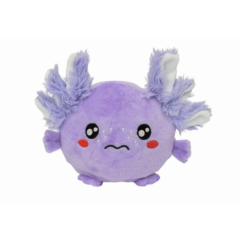 Runder, lila Plüsch mit Fransen, vier Beinen und traurigem Gesicht mit roten Wangen und weißen Punkten.