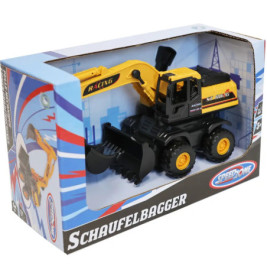 Spielzeugbagger in blau-roter Schaufelbagger-Box mit Speedzone-Branding.