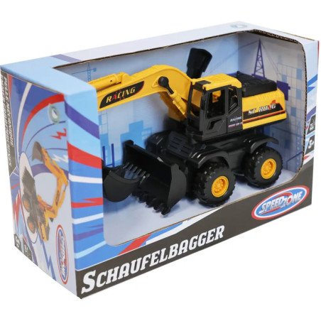 Spielzeugbagger in blau-roter Schaufelbagger-Box mit Speedzone-Branding.