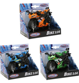 Drei Spielzeugmotorräder in Orange, Blau und Grün, jeweils in einer Speedzone Bike 1:14 Box präsentiert.