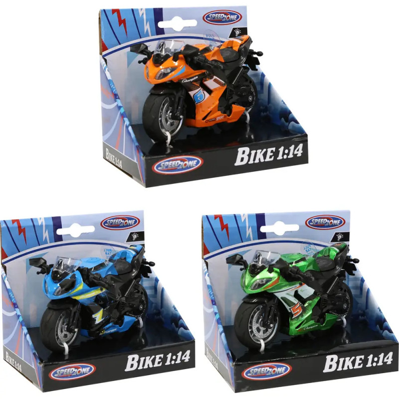 Drei Spielzeugmotorräder in Orange, Blau und Grün, jeweils in einer Speedzone Bike 1:14 Box präsentiert.